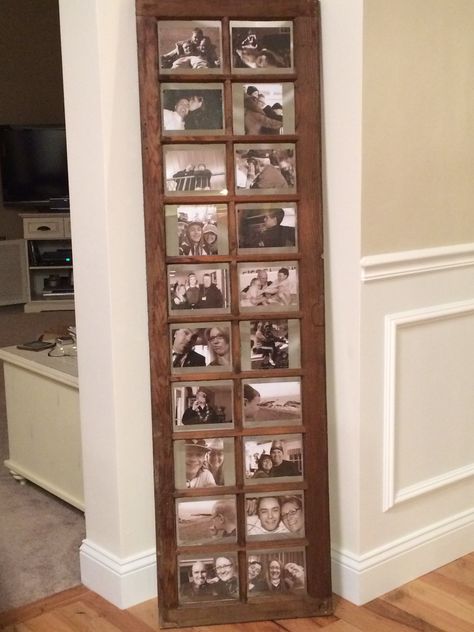 What to do with an old window, turn it into a picture frame Window Frame For Pictures, Diy Picture Holder, Frame For Pictures, Frames Painted, Window Frame Picture, Family Pictures On Wall, Wooden Window Frames, Old Pics, Barn Wood Projects