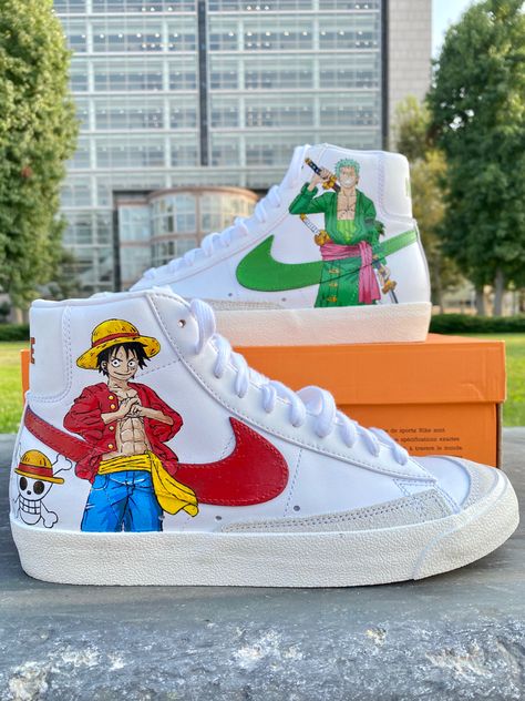 Hand painted customs by @blvnklvce One Piece Shoes, Nike Anime, Shoe Art Designs, Shoes Painting, Painted Shoes Diy, Painted Canvas Shoes, Custom Painted Shoes, Custom Shoes Diy, Painted Sneakers