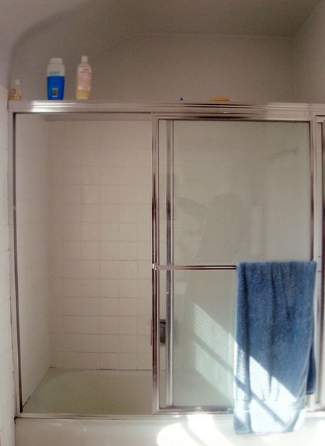 I've long wanted to replace our bulky old shower doors with a curtain in our home's one-and-only family bathroom Replace Shower Door, Bathroom Shower Doors, Tub Doors, Diy Shower, Bathroom Tub, Sliding Shower Door, Bathroom Redo, Trendy Bathroom, Steampunk Style