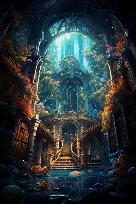 Underwater Library, Mystical Library, World Underwater, Fantasy Faction, Wallpaper Fantasy, Landscape Digital Art, Art Niche, Water Temple, Hidden Book