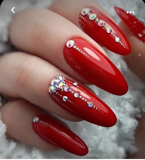 30 Unforgettable Red Manicure Ideas To Slay Your 2023 - 194 Red Nails With Stones, Red Nails With Rhinestones, Red Sparkle Nails, Red Sparkly Nails, Red And Silver Nails, Glitter Toe Nails, Brown Nails Design, Red Manicure, Pretty Toe Nails