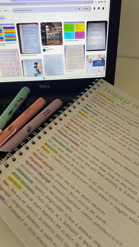 Revision Aesthetic, Language Techniques, Revision Motivation, Pretty School Supplies, Study Vlog, School Study Ideas, School Goals, Aesthetic Study, Study Stationery