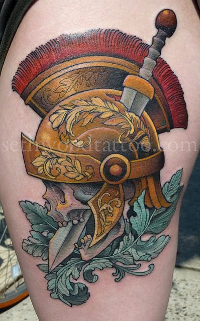 wow! the detail Tattoo Soldier, Wood Tattoo, Roman Tattoo, Gladiator Tattoo, Roman Helmet, Helmet Tattoo, Spartan Tattoo, Neotraditional Tattoo, Saved Tattoo