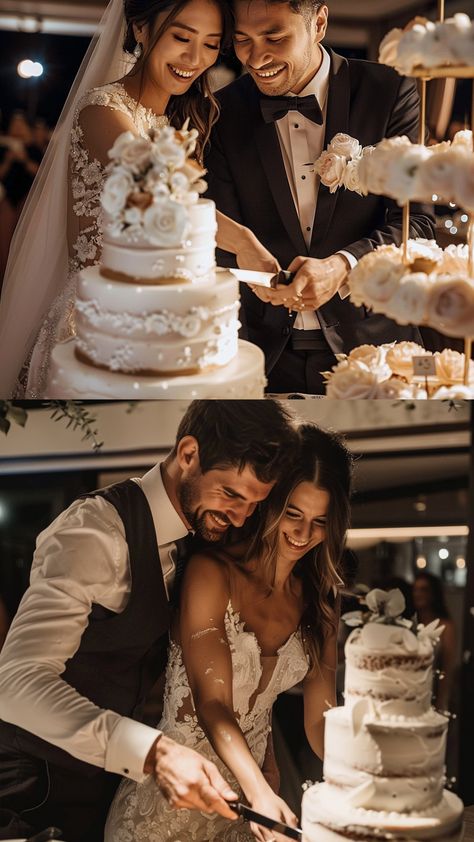 couple cuts 3 layers wedding cake Wedding Pose Guide, Wedding Cake Photoshoot, Wedding Photography Special Moments, Wedding Shots Photography, Reception Pics, Reception Pictures, Types Of Wedding Cakes, How To Make Wedding Cake, Cake Photoshoot