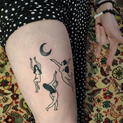 Witches Dancing, Dance Tattoo, Witches Dance, Beginner Tattoos, Sailor Moon Tattoo, Devil Tattoo, Witch Tattoo, Space Tattoo, Moon Tattoo