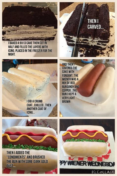 Hot Dog Cake Tutorial Cake Ideas For Dogs, Hot Dog Cake Ideas, Hot Dog Birthday Cake, Hot Dog Cupcakes, Hot Dog Cake, Hot Dog Cakes, Hamburger Cake, Bbq Cake, Fondant Cake Tutorial