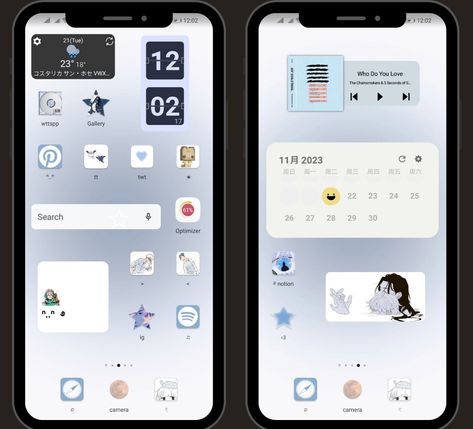 apps: ⌕ Widgeet : Flip Clock, Image and Player. ⌕ Weawow : Weather app. ⌕ Any Icon : Icons. ⌕ Notion. ⌕ Brave. ⌕ Daily Bean : emotional calendar. Daily Bean App, Blue Homescreen, Weather App, Homescreen Layout, Flip Clock, Brave, Clock, Layout