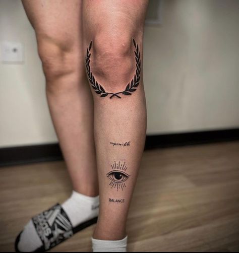 Greek Elbow Tattoo, Laurel Wreath Knee Tattoo, Warrior Tattoo Sleeve, Cool Tattoo Drawings, Yin Yang Tattoos, New Tattoo Designs, Triangle Tattoos, Elbow Tattoos, Writing Tattoos