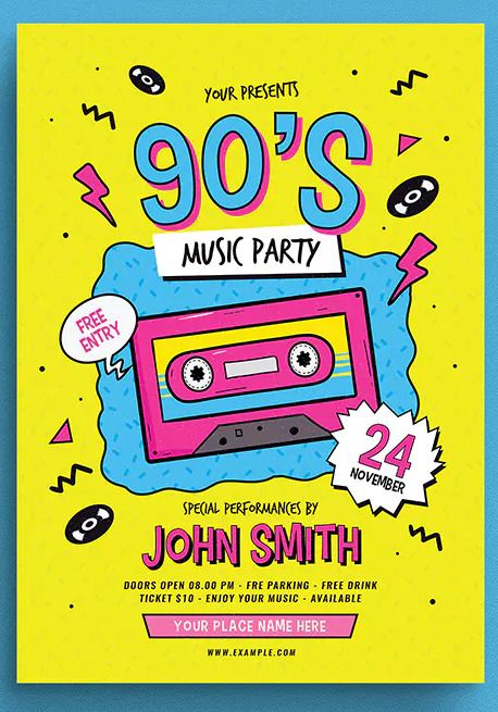 90s Music Party Flyer Template AI, PSD - A4 Size. Download Poster Konser, Paint Template, 90s Graphic Design, Aesthetic Paint, 90's Aesthetic, 90s Design, Party Flyer Template, Desain Editorial, 90s Theme