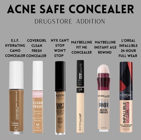 Concealer For Acne Prone Skin, Acne Safe Foundation Drugstore, Acne Safe Makeup Drugstore, Acne Safe Drugstore Makeup, Acne Safe Concealer, Acne Prone Makeup, Acne Safe Foundation, Makeup With Acne, Makeup For Acne Prone Skin