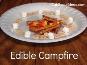 Learn Campfire Safety with a Craft:  Edible Campfire Edible Campfire, Cub Scout Law, Cub Scout Skits, Campfire Safety, Cub Scout Popcorn, Cub Scout Games, Boy Scout Activities, Beaver Scouts, Cub Scouts Wolf