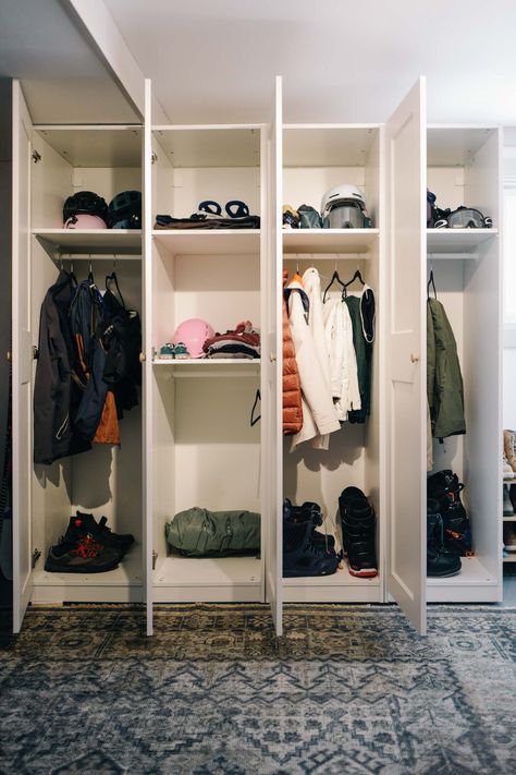 Inexpensive Mudroom Storage, Basement Coat Storage, Ikea Pax Mudroom Ideas, Ikea Pax Bathroom Storage, Backpack Storage Narrow Entryway, Ikea Garage Mudroom Hack, Garage Wardrobe Storage, Ikea Pax Garage Storage, Pax Mudroom Hack