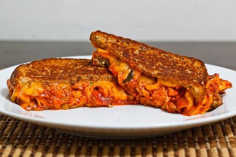 Kimchi Chicken Melt Melt Sandwich Recipes, Chicken Melt Sandwich Recipes, Chicken Melt Sandwich, Chicken Melt Recipe, Chicken Grilled Cheese Sandwich, Buffalo Chicken Grilled, Kimchi Chicken, Chicken Grilled Cheese, Chicken Melt