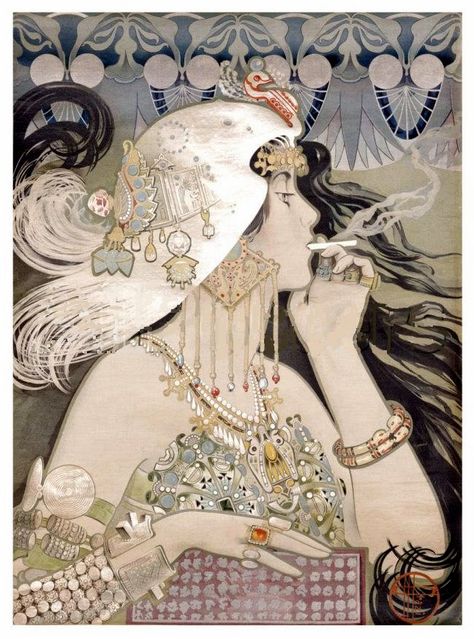 [Art] This painting shows the rapidly changing social status of American women. Not only is this woman showing her shoulders, she's smoking cigarettes! Her flashy jewelry, and wig, show more of a focus on personal appearance. This might have been a 1920's flapper. Arte Art Deco, Illustration Art Nouveau, Mucha Art, Art Nouveau Illustration, Art Nouveau Poster, Deco Poster, Poster Illustration, 1920s Art, Alphonse Mucha