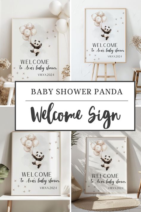 Enhance your baby shower celebration with our editable baby shower welcome sign featuring a charming panda and whimsical flying balloons. Booho in style, this modern and minimalistic design adds a touch of elegance to your event. Customize effortlessly and create a warm and inviting atmosphere for your guests. Perfect for capturing unforgettable memories, this editable sign is a must-have for a memorable baby shower. Panda Baby Shower Ideas, Panda Baby Shower Theme, Flying Balloons, Panda Baby Showers, Panda Theme, Flying Balloon, Bear Panda, Panda Baby, Bear Theme