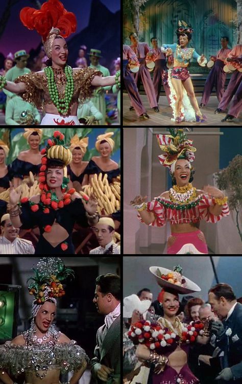 Carmen Miranda in: 'That Nigh in Rio' (1941), 'Copacabana' (1947), 'The Gang's All Here' (1943), and 'Weekend in Havana' (1941) Copacabana Costume, Copacabana Outfit, Copacabana Party, Carmen Miranda Costume, Cuban Party, Fruit Costumes, Havana Nights Party, Carmen Miranda, Havana Nights