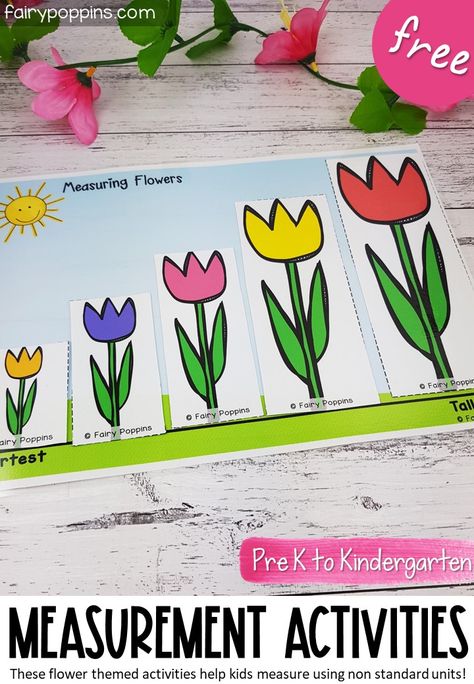 These FREE flower measurement activities help kids learn about short and tall. The focus is on using non standard measurement units. Great math center for preschool or kindergarten. #floweractivities #gardenactivities #gardentheme #springactivities #springtheme #measurementactivities #mathcenter #prek #preschool #kindergarten Gardening Art Activities Preschool, How Things Grow Preschool Activities, Spring Group Activities For Preschool, Gardening Activities For Kindergarten, Gardening Theme Preschool, Spring Patterns Preschool, Pre K Garden Activities, Planting Preschool Activities, Pre K Spring Activities