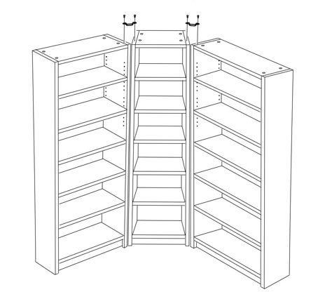 Corner Cabinet Ikea Hack, Billy Book Case With Doors, Billy Bookcase Corner Unit, Ikea Built In Corner Bookcase, Corner Bookshelf Ikea Billy Bookcases, Ikea Corner Billy Bookcase, How To Make A Corner Bookshelf, Ikea Corner Bookcase Hack, Billy Corner Bookcase With Doors