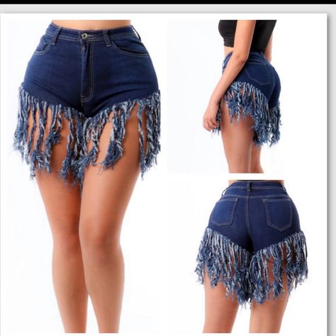 Denim Fringe Shorts Runs True To Size Some Stretch Available In Small/Medium/Large/Xl Fringe Jean Shorts, Denim Cutoff Fringe Shorts, Party High-waist Jean Shorts With Rhinestone Fringe, Denim Fringe Shorts, High-waist Denim Jean Shorts With Fringe, Diy Jean Shorts, 6 Flags, Fringe Shorts, Denim Fringe