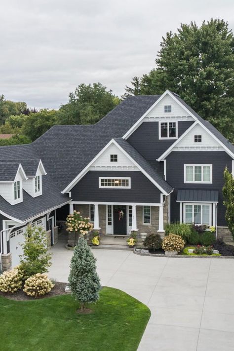 This beautiful home is finished in HardiePlank lap siding in Black Water, just one of 700+ prefinished colors in the Dream Collection by James Hardie. . Craftsmanship by Depencier Builders, Ontario, Canada. Siding Inspiration, James Hardie Siding Colors, James Hardie Siding, Hardie Siding, Fiber Cement Siding, Cement Siding, Hardie Plank, James Hardie, Lap Siding