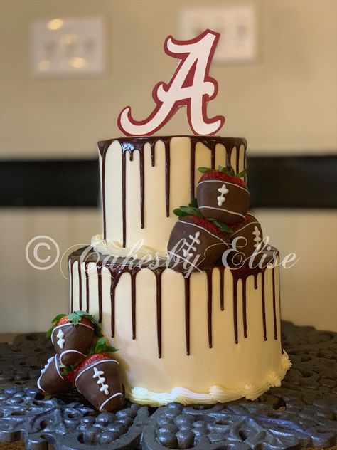 Alabama grooms cake idea. Two tier grooms cake idea. Ganache drizzle grooms cake. Football dipped strawberries. Cakes by Elise Alabama Grooms Cake, Football Grooms Cake, Alabama Cake, Grooms Cake Hunting, Football Wedding Cake, Groomsmen Cake, Grooms Cake Ideas, Alabama Cakes, Grooms Cake Tables