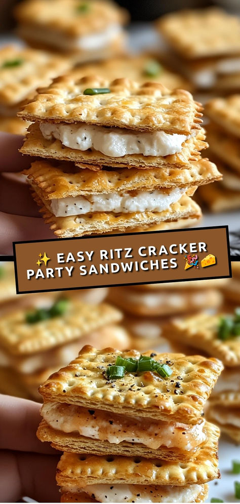 Make party time a breeze with these deliciously simple Ritz cracker sandwiches filled with a creamy ham and cheddar spread—perfect for any gathering!  Ingredients:  1 box Ritz crackers (about 100 crackers) 1 cup cream cheese, softened 1 cup finely chopped ham 1 cup shredded cheddar cheese These bite-sized sandwiches combine the savory goodness of ham, cheddar, and a creamy spread, making them an irresistible snack for any party! Party Cracker Sandwiches, Ritz Party Cracker Sandwiches, Ritz Cracker Party Sandwiches, Ritz Cracker Sandwiches, Party Sandwiches Recipes, Ham Delights, Cracker Sandwiches, Party Crackers, Ritz Cracker