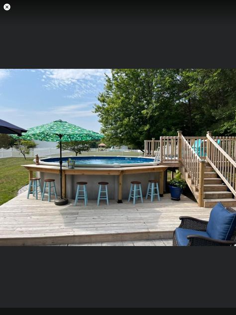 Back Patio Jacuzzi Ideas, Pool Deck Patio Ideas, Above Ground Pool With Shallow End, Pool And Deck Ideas Above Ground, Back Porch To Pool, Back Yard Above Ground Pool And Patio, 2 Level Pool Deck, Overground Pool Ideas Deck Design, Pool Deck Off House