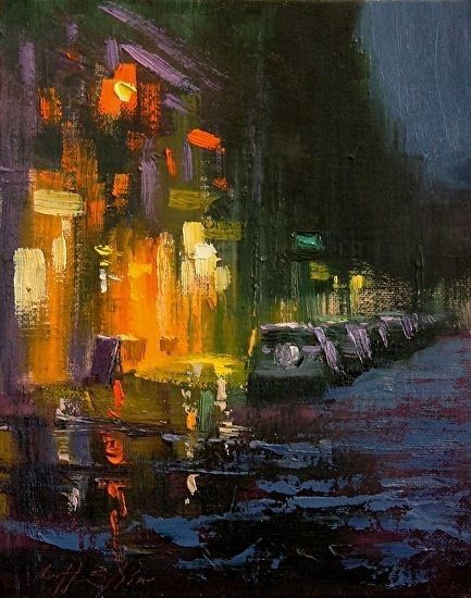 Blееcker Street at night by Chin H Shin oil. City painting Cityscape Night city wallpaper Parked cars Abstract painting Abstract art Landscape painting Night city Artwork Chin H Shin, Street At Night Painting, Night Abstract Painting, Abstract Street Painting, City At Night Art, Night Life Painting, City Scape Painting Acrylics, Abstract City Art, Night Street Painting