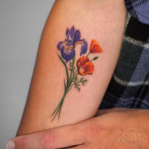 Columbine Tattoo, California Poppy Tattoo, Purple Flower Tattoos, Iris Flower Tattoo, Marriage Tattoos, Daisy Tattoo Designs, Violet Tattoo, Poppy Flower Tattoo, Floral Back Tattoos