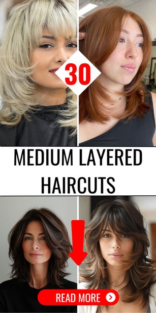 Top 30 Medium Layered Haircuts to Revamp Your Look in 2024 Face Framing Layers With Bangs Short, Medium Hair Cuts Ideas For Round Face, Medium Length Layered Hair With Bangs, Medium Layered Haircuts With Bangs, Long Stacked Haircuts, Shoulder Length Layers, Volume Haircut, Shoulder Length Hair With Bangs, Layered Thick Hair