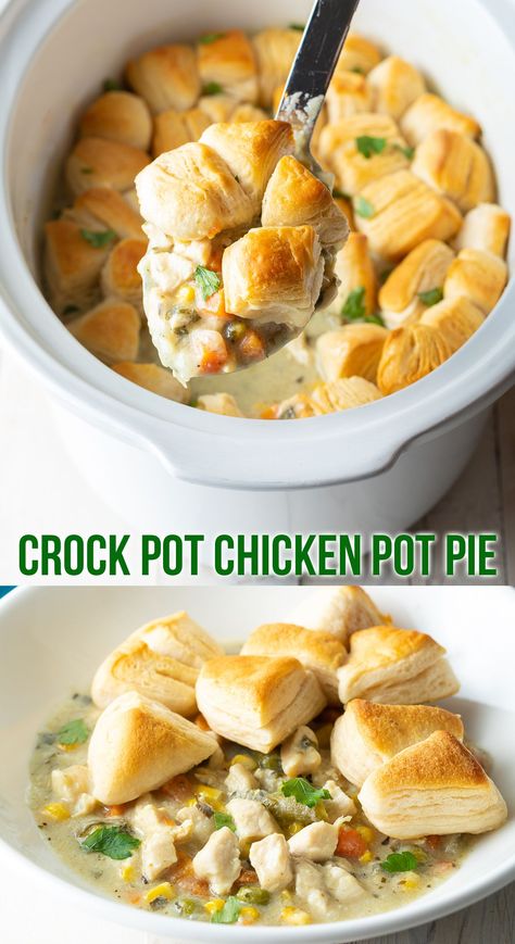 Crock Pot Chicken Pot Pie - This slow cooker soup version of your favorite classic Chicken Pot Pie recipe is an easy set-and-forget dinner with a quick canned biscuit topping. It's so simple and satisfying! #aspicyperspective #potpie #chicken #slowcooker #crockpot #chickenpotpie #easydinner #crockpotmeals Crockpot Chickenpotpie, Classic Chicken Pot Pie Recipe, Chicken Slowcooker, Classic Chicken Pot Pie, Biscuit Chicken Pot Pie, Gravy Chicken, Slow Cooker Chicken Pot Pie, Crockpot Chicken Pot Pie, Canned Biscuit