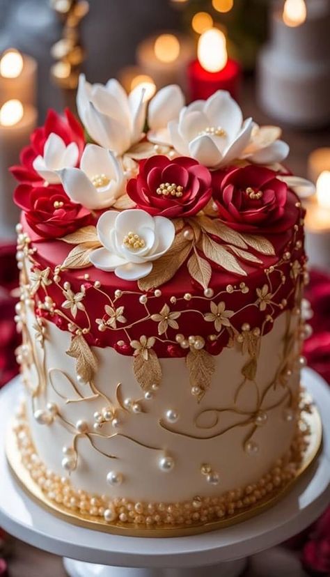 White And Red Cake Birthdays, Red Wedding Cake Ideas, Lobola Cakes, Red Cake Design, Red Wedding Cakes, Red And White Cake, Rose Cakes, Torte Creative, Frosting Flowers