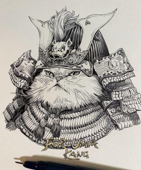 Three Cat Drawing, Kang Meng, Samurai Cat Tattoo, Cat Samurai, Artstation Dragon, Cat Sketch, Three Cats, Ink Illustrations, Cat Illustration