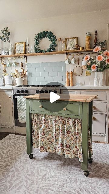 Emma | Family Home Decor & DIY | Mum of 4 on Instagram: "Ad I bet you’ve never seen this before! A kitchen furniture upcycle with a difference so save for kitchen ideas and inspiration 💚

Never one to shy away from an opportunity to create a country style beauty from old and unloved furniture, I added to my collection of fun furniture upcycles with this sideboard turned country kitchen island.

In @dunelmuk outlet stores up and down the country, they’re giving customers a chance to buy discounted furniture that is slightly damaged or returned ready for a new lease of life.

This @dunelmuk furniture was chipped, scratched, peeling and stained, but rather than restrict my furniture upcycle to a lick of @makeitrustoleum furniture paint, I decided to give it a whole new lease of life as a c Kitchen Made From Old Furniture, Fold Down Shelf, Kitchen Upcycle, Laundry Station, Country Kitchen Island, Country Style Curtains, Furniture Upcycle, Fun Furniture, Serving Table