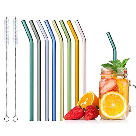 Glass Straws Reusable, 8 Pcs Multicolour Drinking Straw, Bent Glass Drinking Straws with 2 Cleaning Brushes, Eco Frie... Reusable Drinking Straw, Cleaning Brushes, Milk Shake, Tea Milk, Ice Tea, Bar Glassware, Glass Straws, Reusable Straw, Frappe