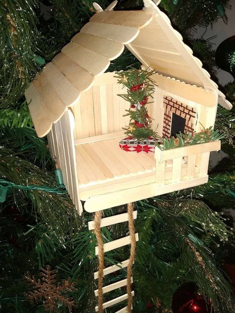 Diy Elf Furniture, Diy Elf House, Elf On The Shelf House Diy, Fun Gingerbread House Ideas, Elf House Diy, Popsicle House, Elf Stuff, Cardboard Tree, Popsicle Stick Houses