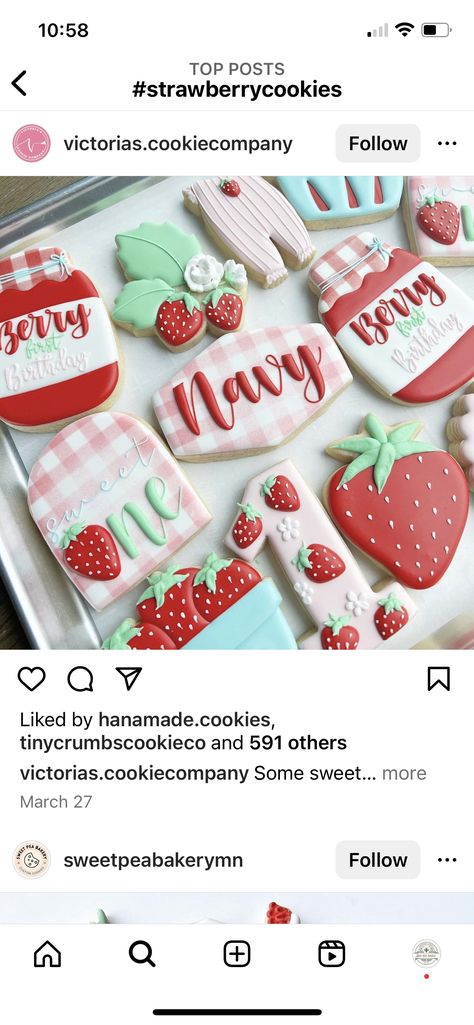 Strawberry Theme Sugar Cookies, Cakes Decorated With Cookies, Berry Sweet Cookies Decorated, Berry Cookies Decorated, Berry First Birthday Cookies Decorated, Strawberry Themed Cookies, Strawberry Birthday Cookies, Strawberry Sugar Cookies Decorated, Strawberry Decorated Cookies