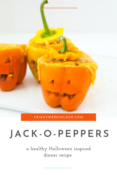 Jack-o-peppers: An easy Halloween stuffed peppers recipe you can make in advance! #jackopeppers #halloween #halloweendinner #healthydinnerideas #fridaywereinlove Halloween Stuffed Peppers, Stuffed Peppers With Rice, Ghouls Night, Healthy Halloween, Halloween Dinner, Chicken Stuffed Peppers, Fall Dinner, Pepper Jack, Peppers Recipes