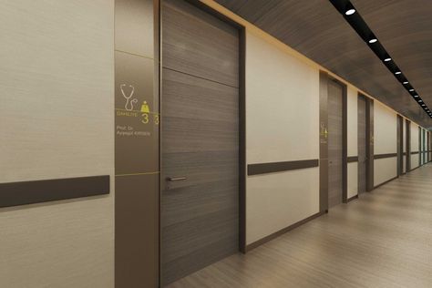 Hospital Entrance Design Interiors, Modern Hospital Interior, Hospital Opd Room Interior Design, Hospital Corridor Design, Hospital Corridor, Corridor Hospital, Hospital Corridor Design Interiors, Hospital Door, Corridor Design