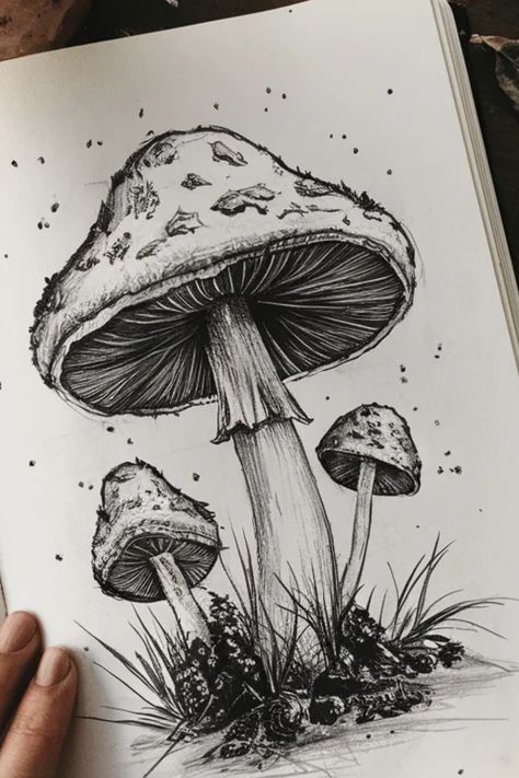 Detailed pen sketch of three mushrooms with intricate gills and textured caps. Very Detailed Drawings, Unique Sketches Creative, Painting Ideas Pencil, Pencil Art Drawings Creative Inspiration, Sketching Ideas Pencil Creative, Forest Animal Drawings, Pencil Drawing Ideas For Beginners, Unique Drawings Creative Sketch, Easy Sketches For Beginners