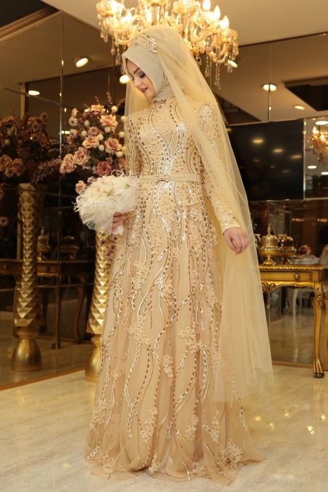 Buket Gold Evening Dress Wedding Dress Hijab, Wedding Hijab Styles, Bridal Hijab Styles, Hijab Gown, Modern Bridal Dress, Elegant Bridal Dress, Muslim Bridal, Muslimah Wedding Dress, Muslim Evening Dresses