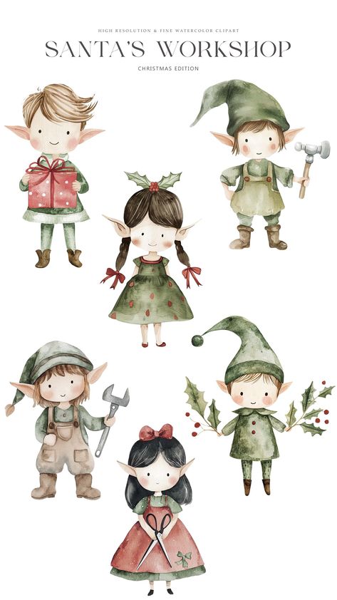 Cute Elf Illustration, Watercolor Christmas Clipart, Christmas Elves Illustration, Father Christmas Illustration, Christmas Elf Clipart, Elf Illustration, Elves Art, Cute Christmas Clipart, Happy Birthday Illustration