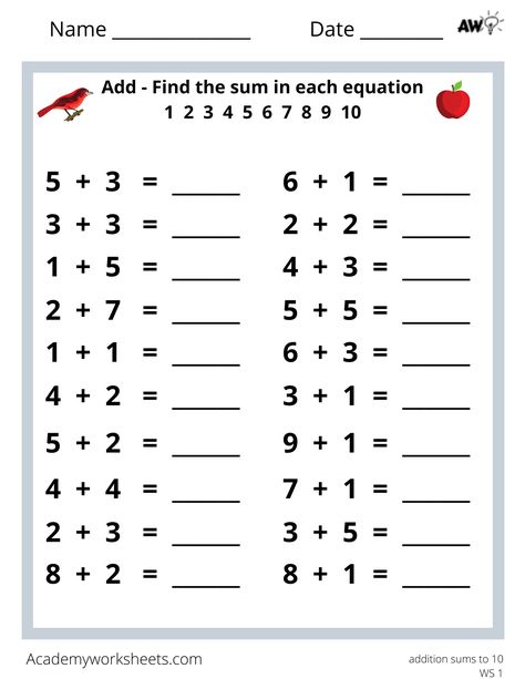 Addition Find the Sum to 10 Math Papers For Kindergarten, Simple Addition Kindergarten, Simple Addition Worksheets, Addition To 10 Worksheets, Simple Addition Worksheets Free, Number Names Worksheet, Addition Worksheets Kindergarten, Free Addition Worksheets, Kindergarten Math Worksheets Addition