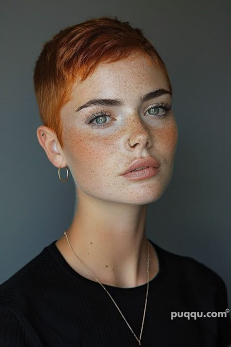 Very Short Hair Shaved Sides, Super Short Pixie Shaved Sides, Shaved Sides Pixie, Freckle Makeup, Ginger Hair Dyed, Hairstyles For Swimming, Cropped Hair, Super Short Pixie, Shaved Side