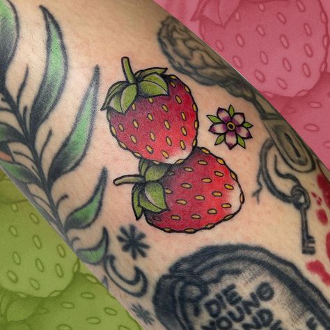 Strawberry Shortcake Strawberry, Old School Strawberry Tattoo, Neotrad Strawberry Tattoo, Neo Trad Strawberry Tattoo, American Traditional Strawberry Tattoo, American Traditional Strawberry, Tattoos Strawberry, Pink Traditional Tattoo, Strawberry And Blueberry Tattoo