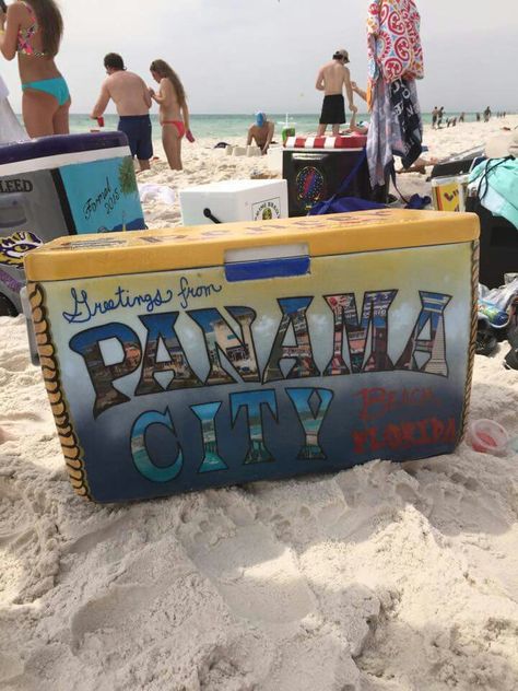 greetings from Panama City Beach Florida pcb spring break cooler sb2k15 Beach Formal Cooler, Pcb Spring Break, Painted Fraternity Coolers, Cooler Painting Ideas, Cooler Connection, Frat Formal, Formal Cooler Ideas, Beach Spring Break, Fraternity Coolers