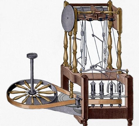 Spinning-frame. Designed in 1767 by Richard Arkwright (1732-1792). Colored engraving. Richard Arkwright, Spinning Cotton, Revolution Poster, Water Frame, Water Power, World History Lessons, The Industrial Revolution, A3 Poster, Industrial Revolution