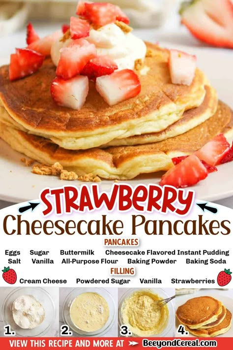 These tasty strawberry cheesecake pancakes are really going to hit the spot. They're indulgent, light, filling, and oh so perfect that you swear they're a dessert. Strawberry Cheesecake Pancakes, Pancake Fillings, Cheesecake Pancakes, Easy Strawberry Cheesecake, Cream Cheese Pancakes, Homemade Pancake Recipe, Strawberry Pancakes, Dessert Healthy, Crockpot Healthy