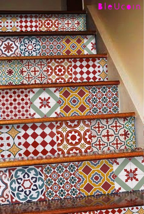 Wall Color Schemes, Stair Decals, Tile Stickers Kitchen, Stair Riser Decals, Stair Riser, Tile Stairs, Stair Risers, Tile Decals, Tiles Design