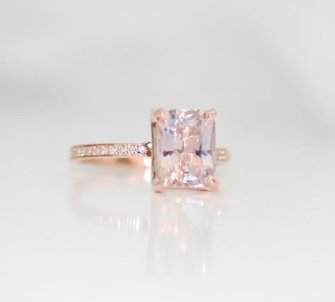 Pink Emerald Cut Engagement Ring, Peach Sapphire Engagement Ring Rose Gold, Sapphire Engagement Ring Emerald Cut, Blake Lively Ring, Blake Lively Engagement Ring, Pink Stone Engagement Rings, Peach Champagne Sapphire, Champagne Sapphire, Peach Sapphire Rings